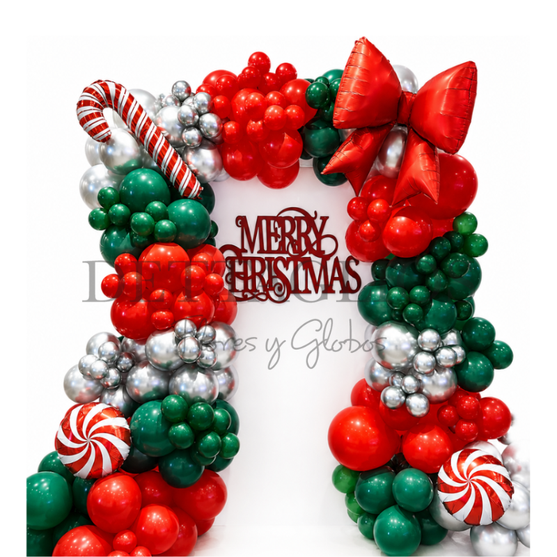 Back de Globos  con girnalda con figuras metalicas  con letrero Merry Christmas