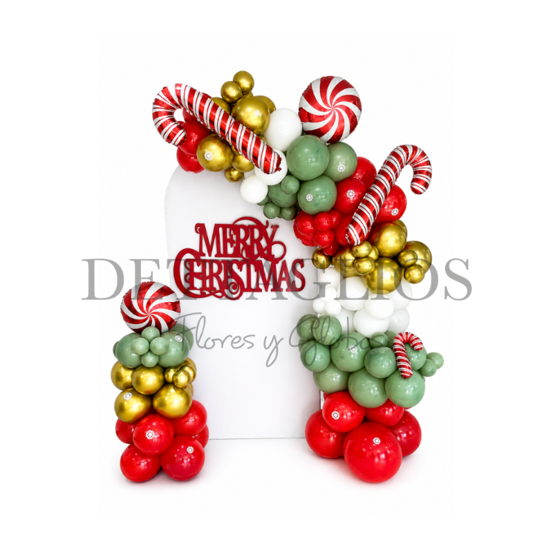 Back de Globos con mampara blanca letrero Merry Christmas y figuras metalicas