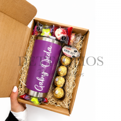 Obsequio en caja con termo personalizado de 20 onzas con complementos