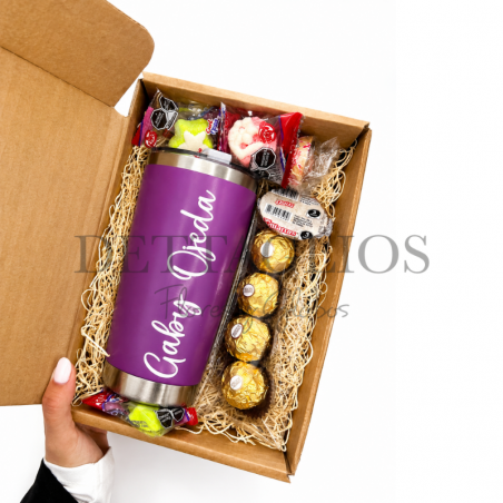 Obsequio en caja con termo personalizado de 20 onzas con complementos
