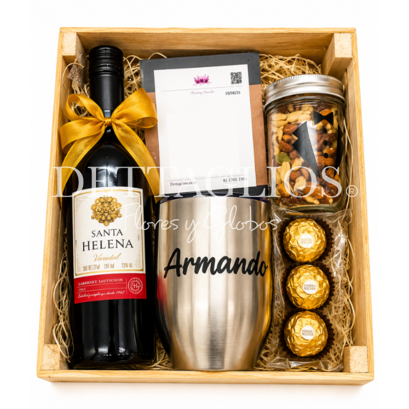 Obsequio en caja con termo personalizable, botella de vino chica ferreros y frasco de botana