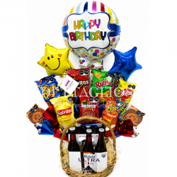 Diseño para caballero con globos, botana y cerveza