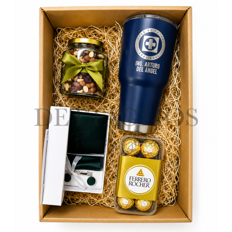 Obsequio para caballero con termo de 30 onzas personalizado, ferrero, cacahuates surtidos y regalo
