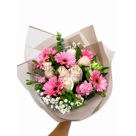 Bouquet rosas y gerberas en papel coreano