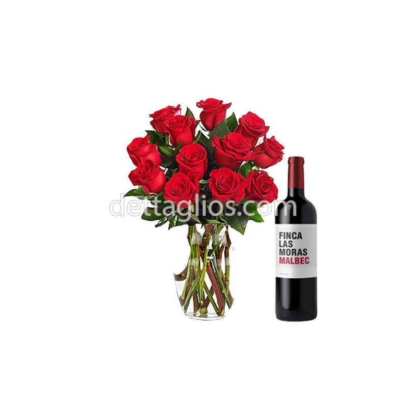 Diseño Floral de 12 rosas en Jarrón con Vino